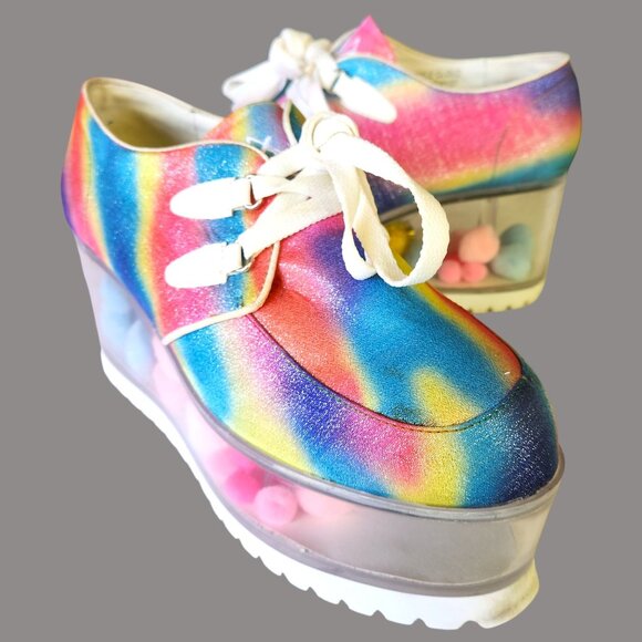 YRU QLOUD Rainbow Glitter Clear Platform Shoes Creepers Kawaii Rave Festival Sz - Picture 10 of 15